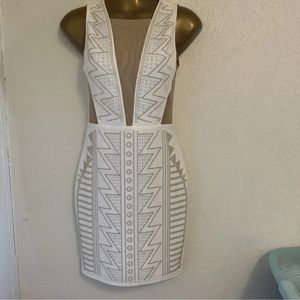 Women's  Sleeveless  Rhinestone Mesh Midi Dress - Cream Zip Back